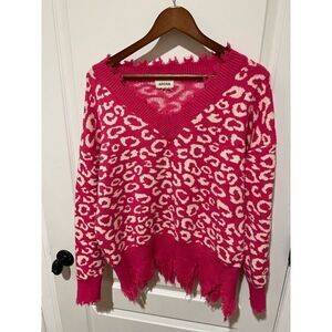 Adora Pink Animal Print Sweater with frayed bottom size M/L
